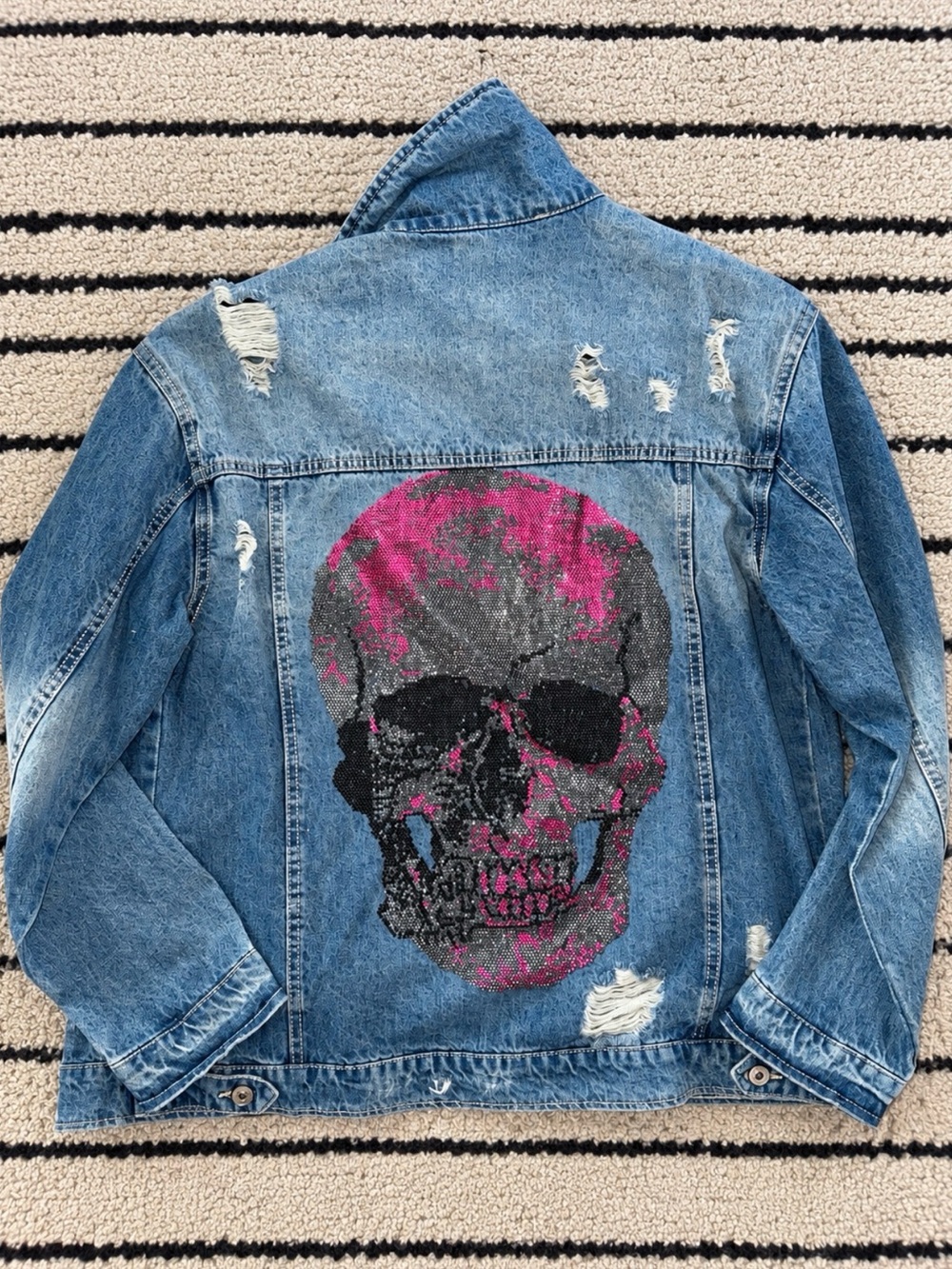 Medium Blue Denim Jacket with Pink & Black Sequin Skull NWOT